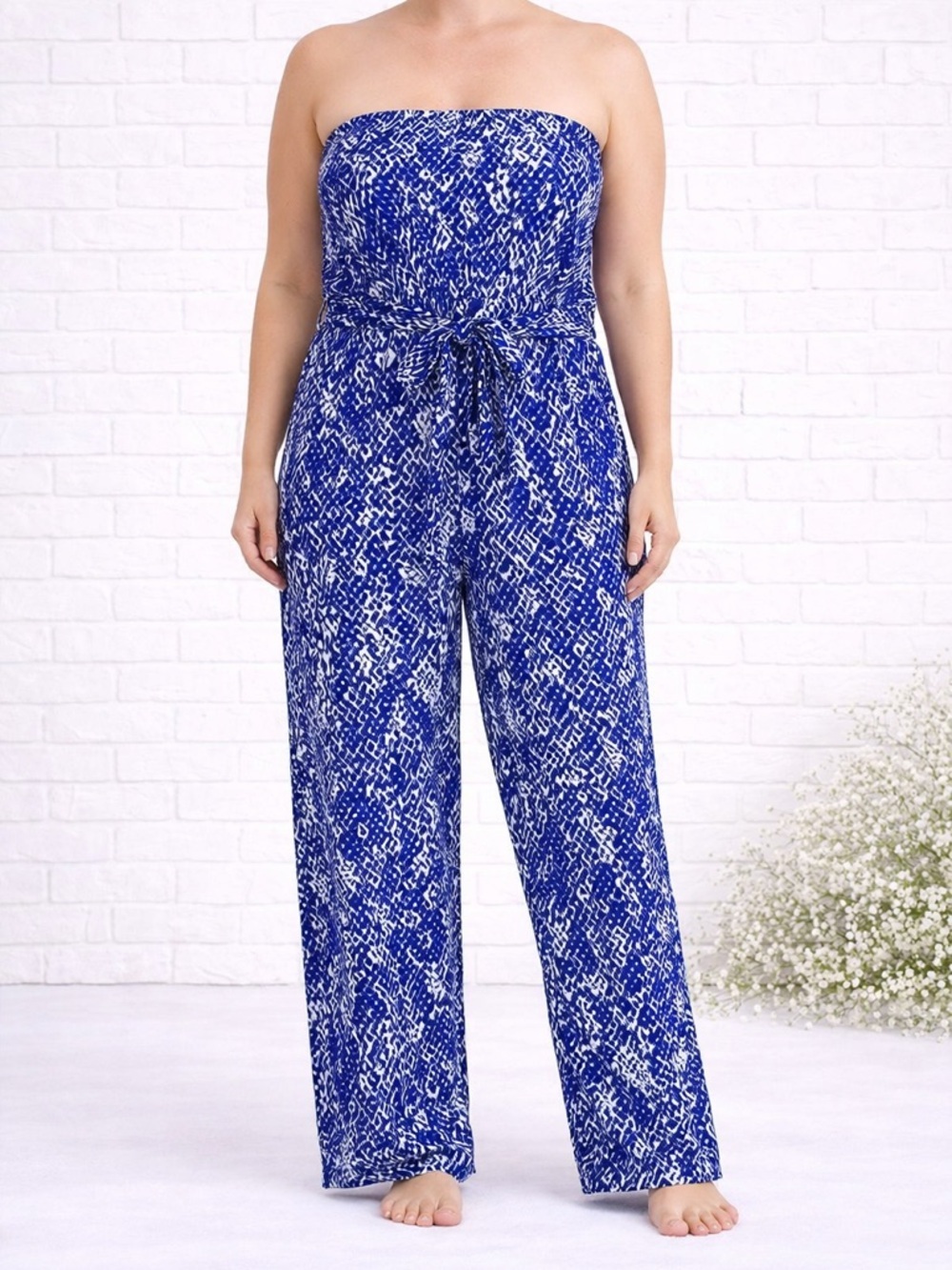 Diane Von Furstenberg Ani Blue and White Print Strapless Jumpsuit Size S